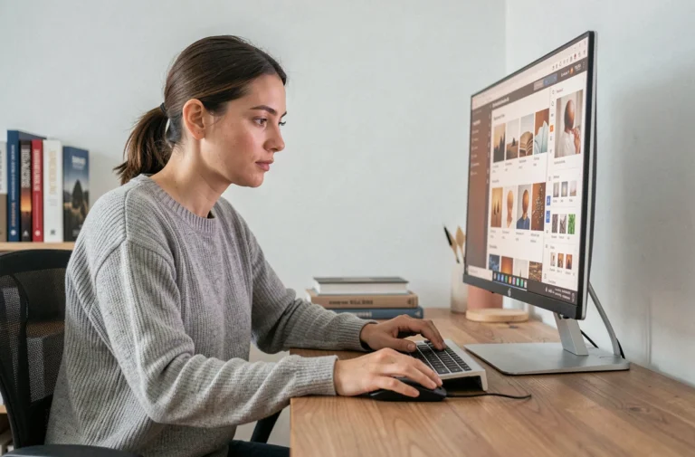 Femme consultant un catalogue numérique Mega REF sur un grand écran d'ordinateur dans un bureau moderne