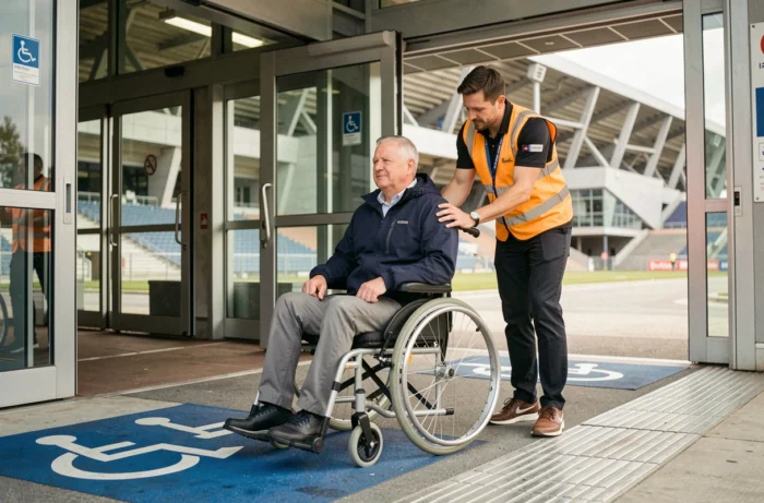Un homme en fauteuil roulant accédant à l'entrée accessible d'un stade avec l'aide d'un agent d'accueil