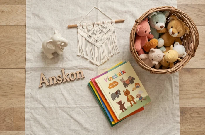 Flat lay d'accessoires de décoration pour chambre d'enfant : figurine, lettres en bois, macramé, livres et paniers tressés
