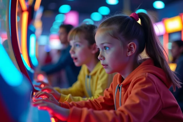 Adolescents jouant à des jeux d'arcade dans la salle de loisirs Badaboom à Thionville