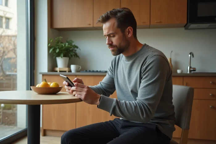 Un adulte sous tutelle utilise seul une application de gestion financière sur son smartphone dans son appartement