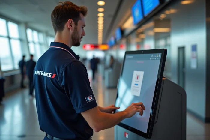 Agent Air France accédant à ses outils professionnels via un terminal IPN en zone opérationnelle