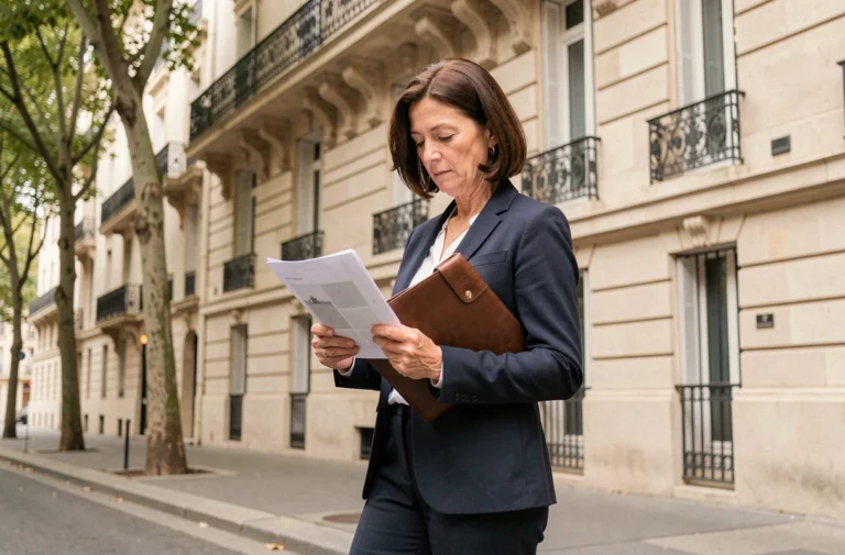 Agent immobilière devant un immeuble haussmannien à Paris, tenant des documents de vente