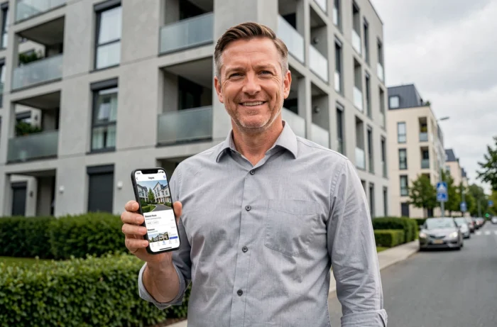 Agent immobilier consultant une application immobilière sur smartphone devant un immeuble moderne