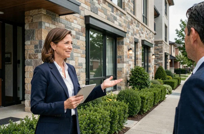 Agent immobilière devant une maison contemporaine en pierre, présentant un bien immobilier à un acheteur potentiel