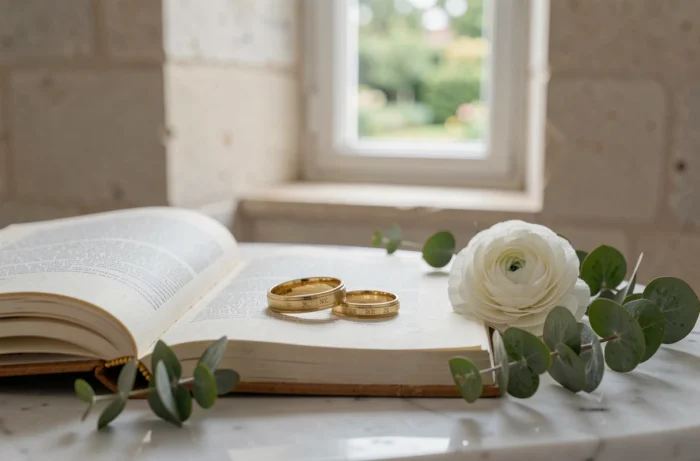 Deux alliances dorées posées sur un livre d'or en cuir lors d'un mariage intime, symbole d'union discrète et élégante