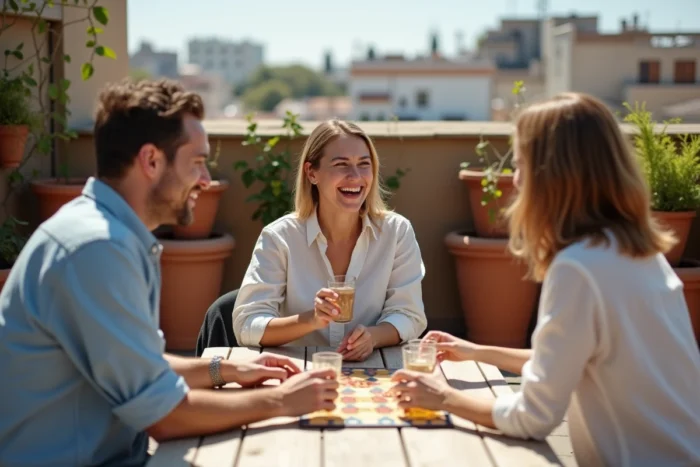 Groupe d'amis jouant à un jeu de société sur une terrasse urbaine en été