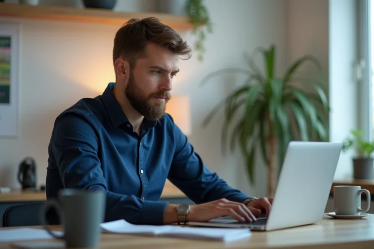 Homme analysant la fiabilité d'un site web sur son ordinateur portable dans un bureau moderne