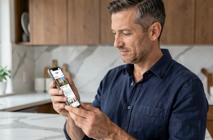 Homme consultant l'application Amazon Photos sur smartphone dans une cuisine moderne