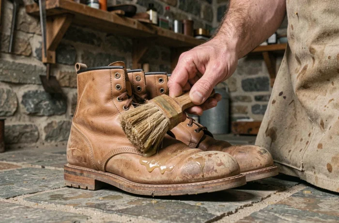 Application de fiel de bœuf sur des bottes en cuir tanné avec un pinceau en atelier de cordonnerie