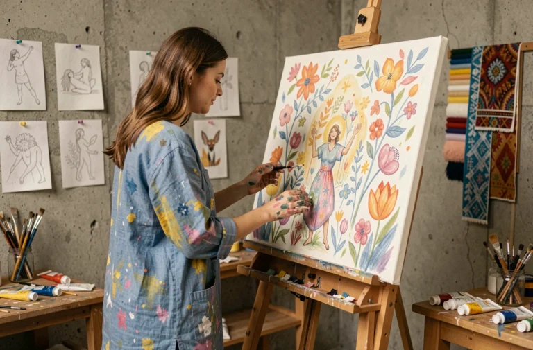 Artiste femme aux doigts tachés de peinture observant une toile colorée et poétique dans son atelier créatif