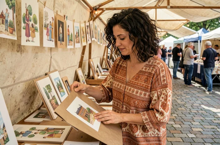 Artiste illustratrice présentant ses créations uniques lors d'un marché artisanal en plein air dans une ambiance colorée et poétique