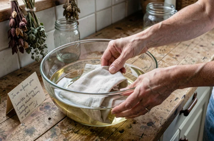 Mains de femme fixant un tissu teint dans un bain de vinaigre dans une cuisine artisanale avec une recette manuscrite