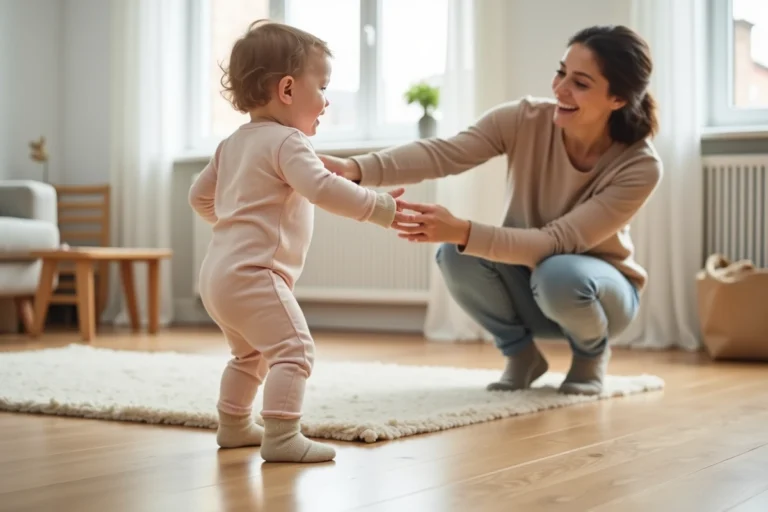 Bébé faisant ses premiers pas vers sa maman dans un salon scandinave chaleureux