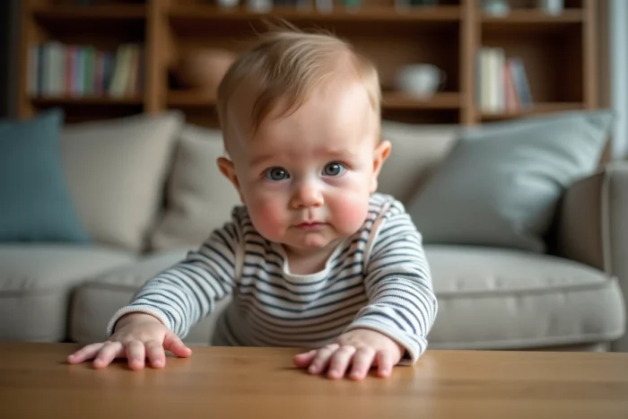 Gros plan d'un bébé qui se lève en s'appuyant sur une table basse en chêne