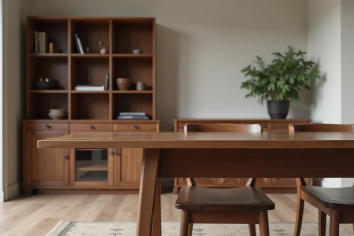 Salle à manger structurée par un mobilier en bois foncé noyer et ébène avec grain de bois visible sur table et étagères