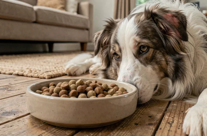 Bol de croquettes hypoallergéniques pour chien souffrant de problèmes de peau posé devant un border collie à la maison