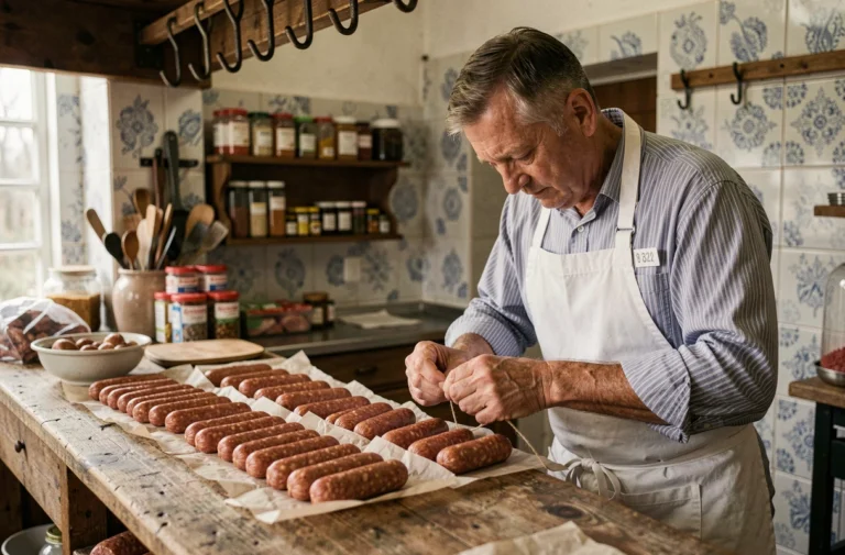 Boucher allemand traditionnel préparant des saucisses de Francfort artisanales dans une boucherie ancienne avec comptoir en bois et carrelage vintage