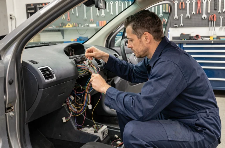 Technicien automobile manipulant le faisceau de câblage d'un autoradio Peugeot 307 dans un atelier professionnel