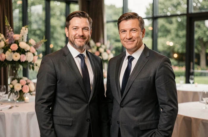 Deux hommes en costume élégant lors d'une réception raffinée, illustration d'une cérémonie de mariage discrète entre personnalités