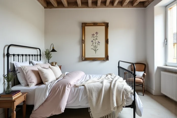 Chambre française romantique avec lit en fer forgé, linge brodé en coton percale et poutres apparentes dans une maison de campagne