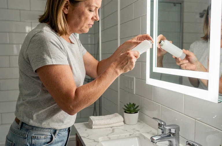 Femme changeant une ampoule LED sur un miroir de salle de bain avec des carreaux blancs et une vasque en marbre