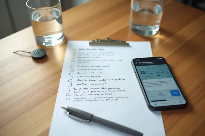 Vue aérienne d'un bureau avec smartphone et checklist annotée pour évaluer la fiabilité d'un service en ligne
