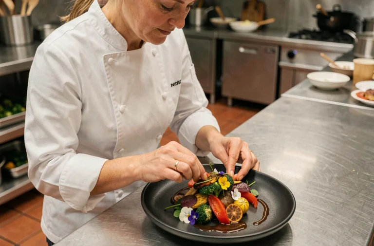 Chef cuisinière en veste blanche dressant une assiette gastronomique avec légumes de saison et fleurs comestibles dans une cuisine moderne