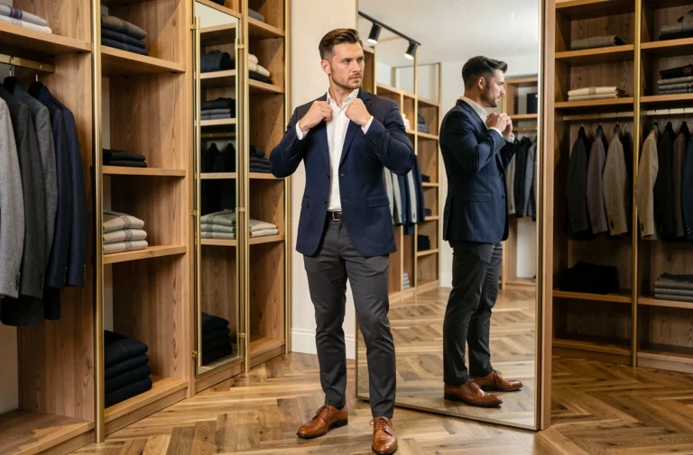 Homme élégant en blazer marine essayant une veste dans une boutique de mode masculine moderne avec miroir pleine longueur