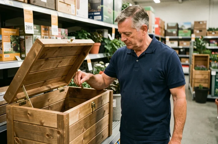 Homme comparant deux coffres de jardin en bois dans un rayon de magasin de bricolage type Brico Dépôt