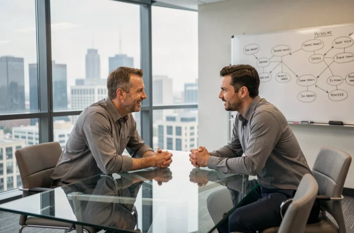 Homme en séance de coaching de carrière dans un espace de coworking moderne avec vue sur la ville