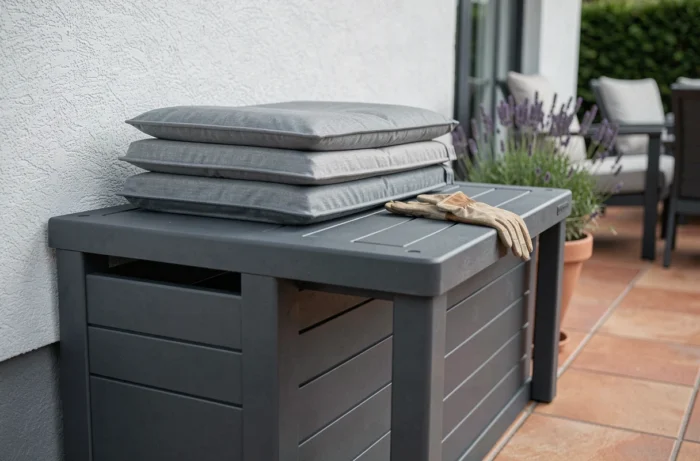 Coffre de jardin banc anthracite avec coussins rangés sur une terrasse carrelée devant une maison moderne