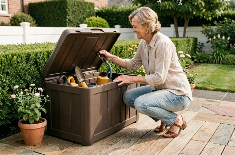 Femme ouvrant un coffre de jardin en résine sur une terrasse en bois avec outils de jardinage rangés à l'intérieur