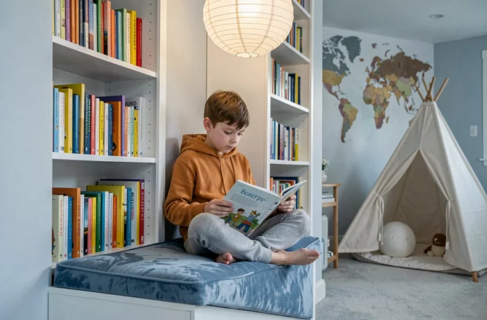 Coin lecture aménagé dans une chambre d'enfant avec bibliothèque intégrée, banquette velours bleu et lanterne en papier