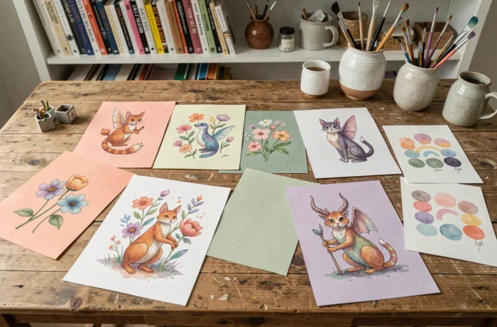Collection de créations artistiques colorées et illustrées inspirées de l'univers poétique de Fannylng Art sur une table en bois