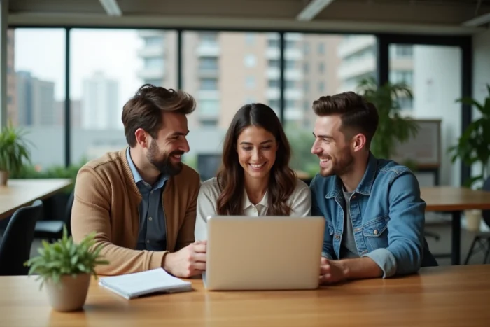 Groupe de collègues discutant des tendances et informations du moment autour d'un ordinateur portable dans un espace de coworking
