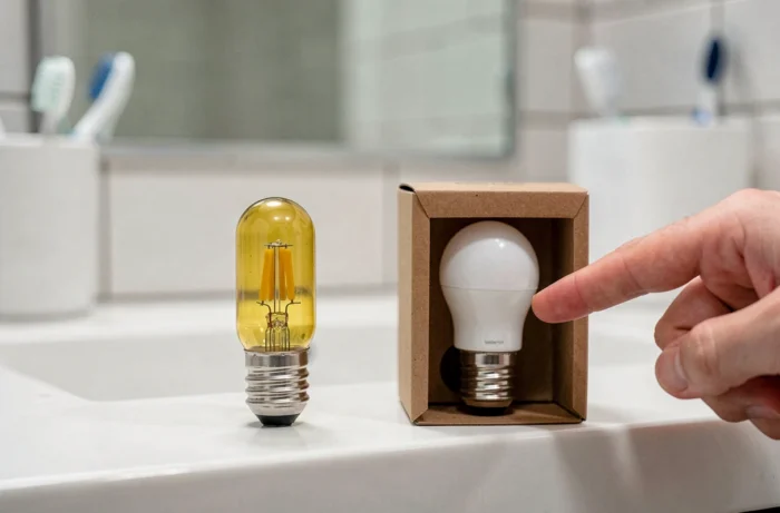Comparaison entre une ancienne ampoule G4 et une nouvelle ampoule LED de remplacement pour miroir de salle de bain