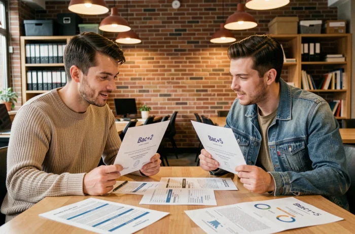 Deux jeunes professionnels comparant les diplômes Bac+2 et Bac+5 et leurs perspectives salariales dans un espace de coworking