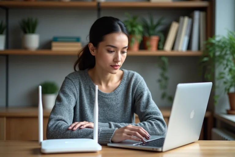 Femme comparant un routeur WiFi et un modem fibre optique dans un bureau à domicile moderne