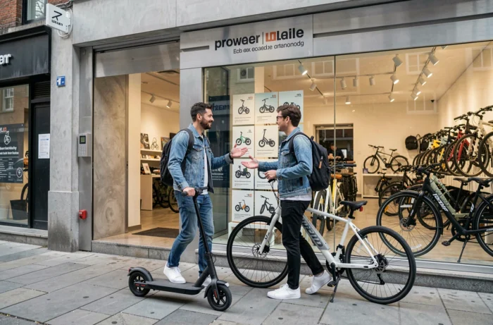Deux amis comparant une trottinette électrique pliable et un vélo hybride devant une boutique de mobilité urbaine, aidant à choisir le meilleur véhicule pour la ville