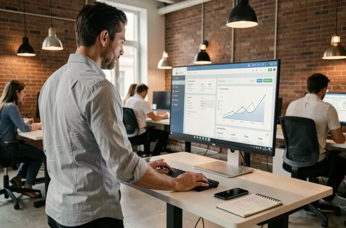 Entrepreneur masculin gérant son compte entreprise sur un portail administratif dans un espace de coworking