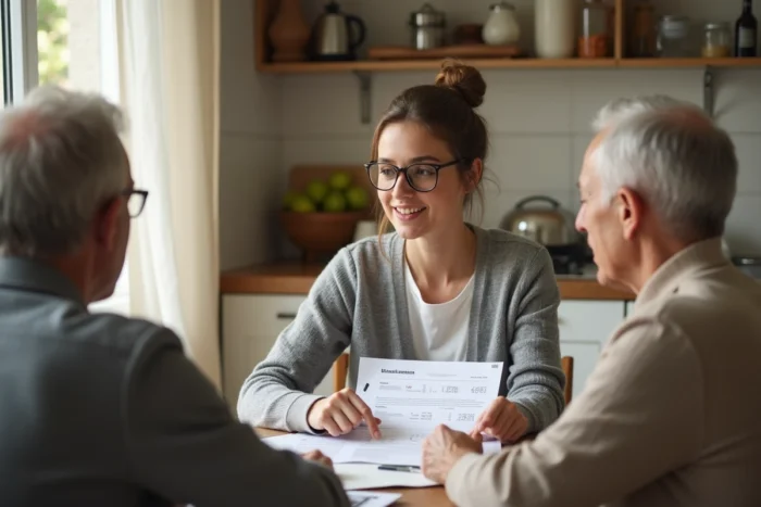 Conseillère expliquant les conditions financières de la tutelle légale à une famille en France