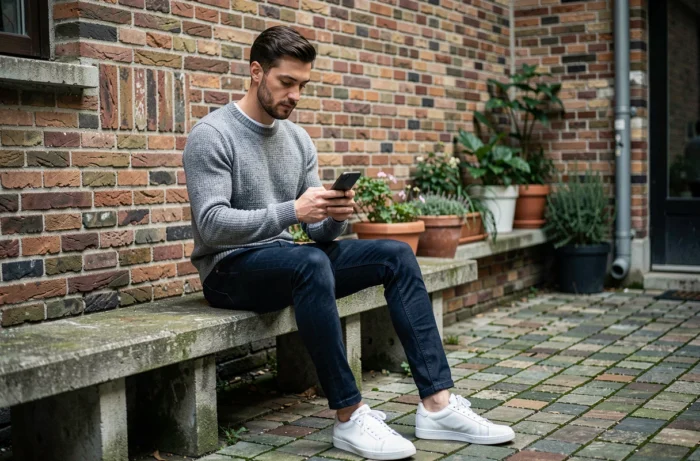 Jeune homme stylé en pull gris et jean indigo consulte son téléphone pour choisir ses vêtements en milieu urbain