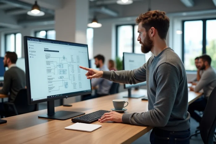 Consultant en référencement naturel présentant une stratégie SEO sur grand écran dans un espace de co-working