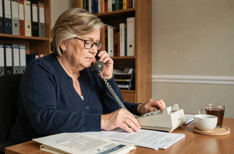 Femme senior consultant ses documents de retraite complémentaire Agirc Arrco en téléphonant depuis son bureau à domicile