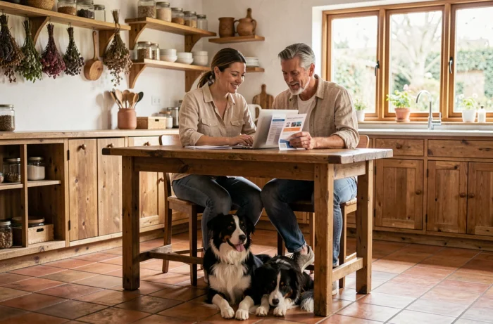 Couple consultant des documents d'assurance animaux sur ordinateur avec leur chien border collie dans une cuisine
