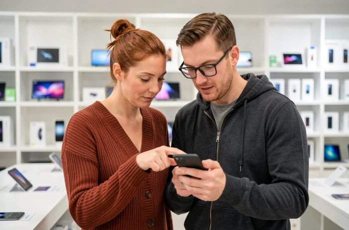 Couple en train de choisir un smartphone ensemble dans une boutique high-tech spécialisée
