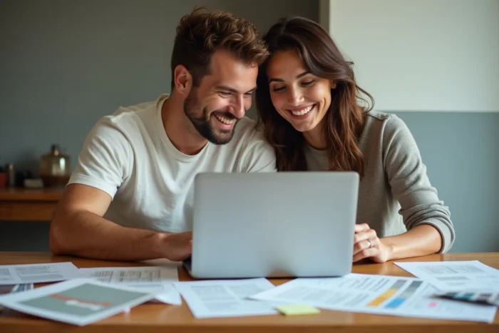 Couple comparant des avis et devis de travaux de rénovation autour d'une table avec un ordinateur portable