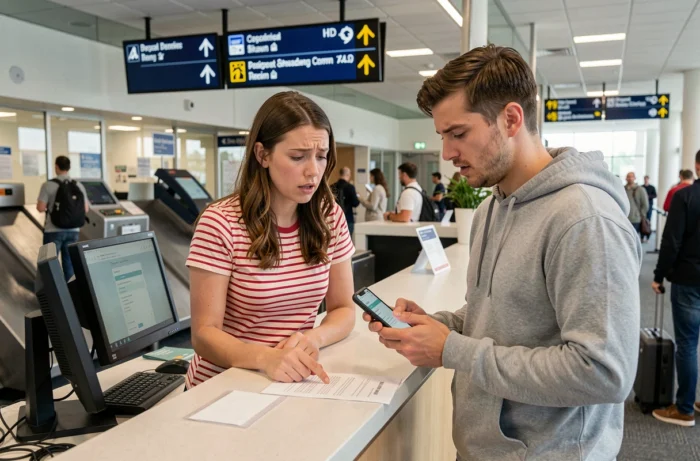 Couple au comptoir d'enregistrement EasyJet pour corriger le nom sur un billet d'avion avec l'aide d'un agent