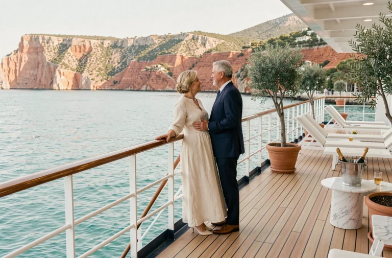 Couple élégant sur le pont d'un navire de croisière de luxe face à une côte méditerranéenne en 2026
